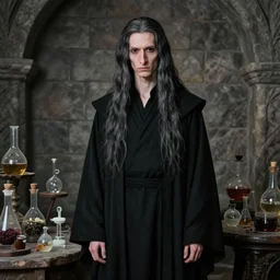 Realistic portrait of a thin man with sallow skin, long greasy black hair, a hooked nose and black eyes. He also dresses in a flowing black robe. An ancient stone wall behind him. Potions, magic reagents and lab equipment are littering the tables around him. Extreme detail. Trending on artstation.