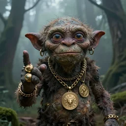 Gollum wearing gold rings and Gollum wearing gold chains and Gollum wearing gold medallions in a dark forest, cinematic, foggy atmosphere, photograph