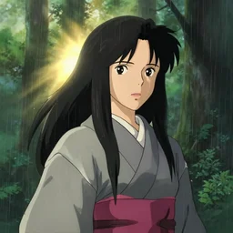 portrait bust of woman, god rays behind, forest background, long black hair, kimono, rain, princess mononoke, 4 k, greg rutkowski, high detail, dramatic lighting, afternoon, hayao miyazaki, masashi ando, nizou yamamoto, kazuo oga, joe hisaishi, yoji takeshige, naoya tanaka