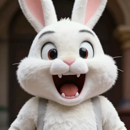 incredibly close up photo of a shouting screaming terrifying bunny man mascot