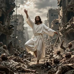 jesus christ in a white robe strikes a dramatic dance pose on dead laughing bodies in streets of an apocalyptic metropolis destroyed after war, fantasy art, dramatic lighting, insane details