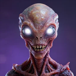 portrait of a space alien, meat monstrosity with teeth blender, octane render, eyes containing a piercing white bright white lights, realistic render, detailed, ugly, slimy unreal engine, symmetrical face, greg rutkowski and ruan jia, cinematic, colorful