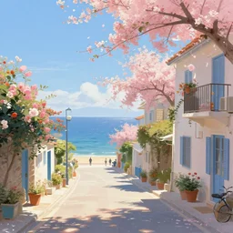 by the seaside town street, digital painting, bloom, hyperrealistic, photo