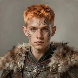 portrait painting of an elven young man with short light orange hair and tribal tattoos on his face wearing fur armor, sharp focus, award - winning, trending on artstation, masterpiece, highly detailed, intricate. art by terese nielsen