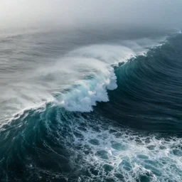 fog on the ocean, huge ocean waves, cinematic, top down, cinematic