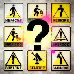 ? < ^ k, rlh : < bi ( _ bsorr # 1 > l *, digital art, concept design, colourful spray paint splatters, health and safety decals, cinematic