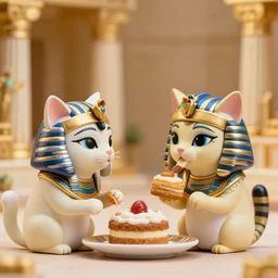 closeup profile face portrait of tin toy cats dressed as cleopatra eating cakes in a temple, nicoletta ceccoli, mark ryden, lostfish, max fleischer, hyper realistic, artstation, illustration, digital paint, matte paint, vivid colors, bright, cheerful, detailed and intricate environment
