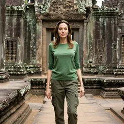 angelina jolie visits an ancient temple in cambodia, she is wearing a green long sleeved shirt and cargo pants, photographed in the style of national geographic