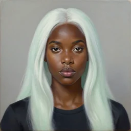a detailed matte oil on canvas head on symmetrical portrait of black skinned woman with! long white hair! and ( ( pale greenish ) ) hair, wearing a dark cotton shirt by charlie bowater, lise deharme, wlop, trending on artstationhd, dungeons and dragons art critical role