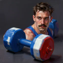 concept art of a dumbell painted in blue, white and red, with the drawing of a french guy with a mustach on one side, octane render, digital painting, artstation, concept art, smooth, sharp foccus ilustration hq