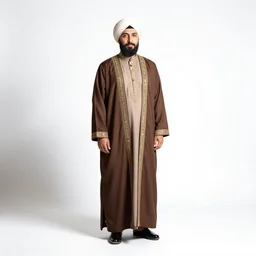 graceful sultan with turban, studio photography, full body, standing, isolated on a pure white background, centered, whole figure in frame, sharp focus, studio lighting