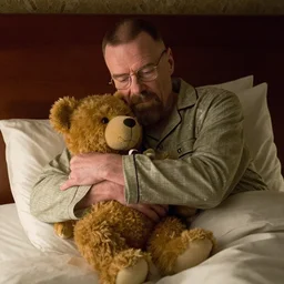 Walter White with a teddy bear in bed, both are wearing pajamas. Walter hugs the teddy tightly. still from Breaking Bad.