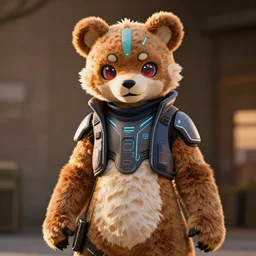 anthropomorphic cyber punk bear, fursuit, cosplay, warm light, trending on instagram, photography