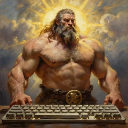 oversized keyboard as muscular barbarian , strong sun backlight sunrays  body , extreme very textured detailed portrait oil painting by rembrandt,   dramatic clouds and  atmosphere