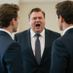cinematic still of portly clean-shaven white man wearing suit and necktie shouting at two other men his office in 1994 film, XF IQ4, f/1.4, ISO 200, 1/160s, 8K, RAW, dramatic lighting, symmetrical balance, in-frame
