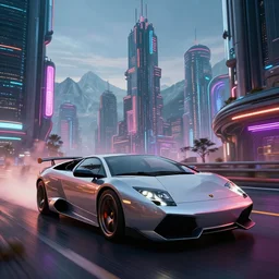 epic professional digital art of photorealistic synthwave lamborghini murcielago driving through neon cyberpunk futuristic city towers, mountains in background, intricate, detailed, unreal engine 6, maya render