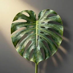 botanical illustration of a monstera made out of metal with hinges and industrial parts