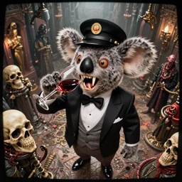 movie frame still from live action crazy koala postman with long and sharp fangs in a tuxedo drinking wine from a skull, 8 k, vhs effect, ultra wide angle, zenith view, greg rutkowski, intrincate, highly detailed, ilm, oscar winning photography, grain, dramatic lighting, greg nicotero, straight to vhs, troma, horrifying movie, horror movie
