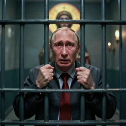 shocked crying putin in prison cage, prison, justice, hyper - realistic, sharp focus, depth of field, hyper - detailed visionary art, symmetric, hell, holy halo, dramatic ambient lighting, high detail, vibrant colors, the thing 1 9 8 2