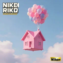 a 5 0 mm lens photograph of a cute pink floating house in the sky, held in the air by tiny vibrant ballons, inspired by the movie up. mist, playful composition canon, nikon, award winning, photo of the year