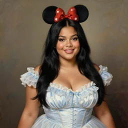 beautiful thirty year old woman with long black hair, tan skin, curvy hourglass figure, round cute face, slight resemblance to selena gomez and vanessa hudgens wearing a frilly disney princess dress and a mickey mouse ears headband. she has a friendly wide eyed smile. beautiful painting by artgerm and greg rutkowski lois van baarle and bouguereau