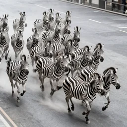 polychromatical zebras running in new york, view from the sky forming a stampede running north, realistic