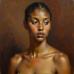 detailed portrait in strong femininity, ethnic, realistic face sculpted features, statuesque model, svelte attire, warm cast, bathed in light, filmic, chiaroscuro, specular highlights, angular impressionism, radiosity, deep rich tones, contemporary art, oil on canvas