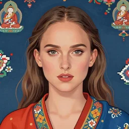 natalie portman 3 / 4 pose, close up, tibetan painting, portrait, pantone, 8 bit