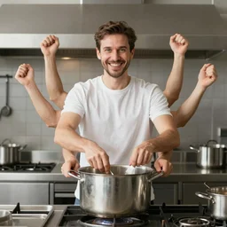 man with 6 arms, each arm in a stainless steel pot, in a kitchen, smiling at the camera, photo