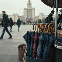 folded umbrellas on a stall, in a square, pedestrians walk past. background of old soviet monument. storyboard, scifi cyberpunk. by gabriel hardman, joe alves, chris bonura. cinematic atmosphere, detailed and intricate, perfect anatomy