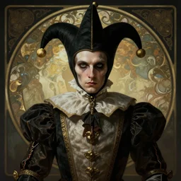 front shot of a court jester character ominous elegant detailed concept artstation sharp focus ray tracing cinematic masterpiece fine portrait, by alphonse mucha
