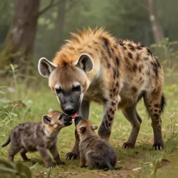 photo of a humanoid hyena feeds humanoid hyena puppies in the forest, highly detailed, digital painting, artstation, smooth, sharp focus, illustration, art by artgerm and greg rutkowski and alphonse mucha