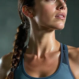portrait of lara croft, focus on her neck, looks thirsty, sweat and heat, muscular sweat