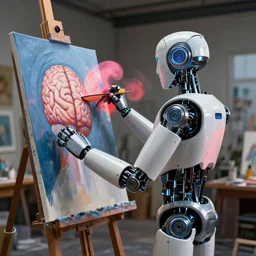 a high resolution photo of a!!! robot painting a picture of a human brain!!!, standing in an!! artist's studio!!, hyper detailed, photography, realistic, art, 8 k, unreal 5 engine, cinematic
