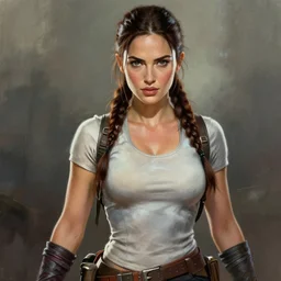 megan fox as lara croft, hyper detailed masterpiece, digital art painting, hyper realism aesthetic