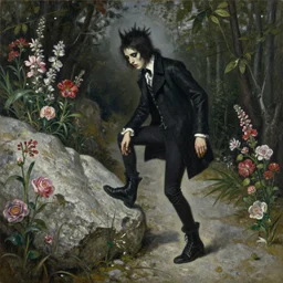 portrait of a person walking in a path in avila mountains slipping in a granite rock, goth punk, floral flowers, a flemish baroque by alexander mcqueen, art by john collier by greg rutkowski and craig mullins, oil on canvas