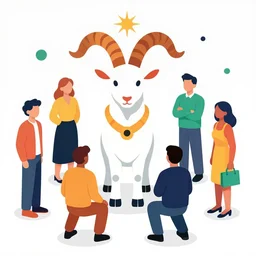 A diverse group of people surrounding and worshipping a devilish Luciferian goat, in the style of Corporate Memphis, Alegria style, Big Tech art style, simple, 2010s art, generic, colorful, minimalist