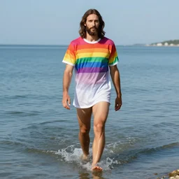 Jesus wear a rainbow t-shirt and walks on water, front view, Fullbody, realistic, Photograph, 4k