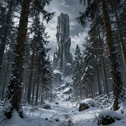 cinematic landscape, nightmare monolith rising from a haunted winter forest by zdzisław beksinski, photorealistic ultrasharp hyperdetailed octane render
