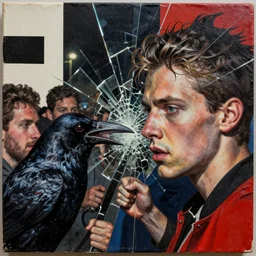 crowd fighting at night detailed and highly reliefed analogue mixed media collage with canvas texture in style of contemporary art, punk art, photorealistic, expressionism, minimalism. masterpiece, perfect composition, photorealistic beautiful face, spectacular quality, intricate details, shattered glass textures, vivid