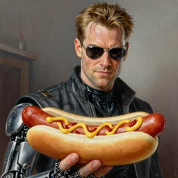 realistic portrait beautiful painting from scene in the terminator movie, when robot turned into hot dog. horror, created by thomas kinkade and gustave courbet, fine draw, high detailed, fine lighting, smooth draw, no anomaly.