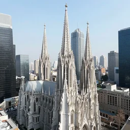 long - distance aerial exterior photo of : an extremely - tall elaborate ornate cathedral is surrounded by contemporary skyscrapers. the cathedral rises high above the skyscrapers and above the clouds all the way to heaven in golden rays of sunlight. the cathedral has stained - glass windows, and many gargoyles, carvings, and statues. professional architectural photography with many small details ; heavenly, majestic ; glorious ; beautiful.