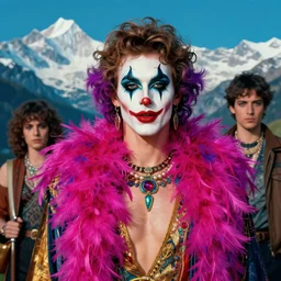 portrait of glamor greek god | klaus schwab | feather boa | ( ( ( ( clown ) ) ) ) | swiss alps background | highly detailed | very intricate | professional model | cinematic lighting | painted by donato giancola and mandy jurgens and charlie bowater | bold colors, artdeco, art deco synthwave anime aesthestic, 8 0 s nostalgia | artstation