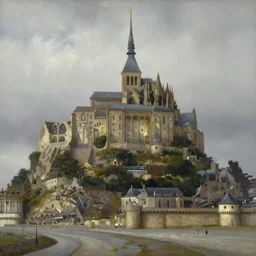 oil painting portraying mont saint michel in the style of romanticism landscape painters,beautiful,mist,evocative
