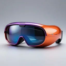 award winning product photography, 3 5 mm lens, of a glossy orange metallic and shiny purple metallic shiny ergonomic hololens as off bugatti cheyvron, holographic display lenses, studio lighting,