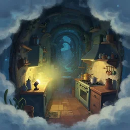 naive nerikomi, weird perspective, extra narrow, detailed illustration of a kitchen dim lit by flashlight in a scenic spiral environment by rhads from lorax movie, trending artstation, true color cloud