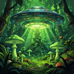 psychedelic alien ufo jungle case neon green forest mushroom art, wide angle shot, vector art, by frank frazetta and salvador dali
