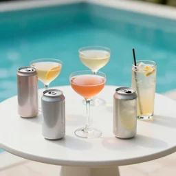 5 5 mm photo of best long cocktail and soda - can on a zen minimalist white table with gorgeous pool in the background. highly detailed 8 k. intricate. lifelike. soft light,