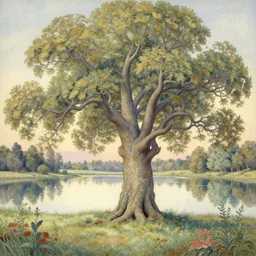 a beautifull intricate watercolour painting of beautifull surreal tree in a serene field with lake, reflexions, verry high details by william turner art, greg rutkowski and alphonse mucha, trending on artstation, very very detailed, masterpiece, muted colors