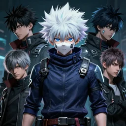 realistic killua zoldyck with mask, blue eyes, techwear, streetwear, cyberpunk style outfit, greg rutkowski, artgerm, ross tran, takato yomamoto, wlop, ilya kuvshinov, intricate complexity, detailed portrait, 4 k, cinematic lighting, artstation, sharp focus, smooth, hd, hdr, award winning, octane render